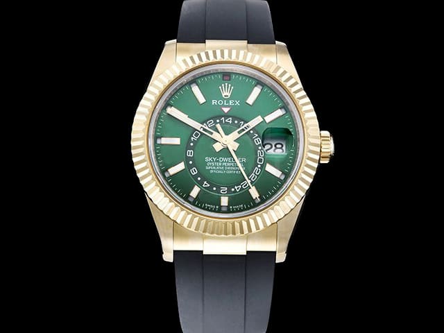 Yellow Gold 42mm Skydweller Rubber Strap 336934 9001 Green Dial RL-25153