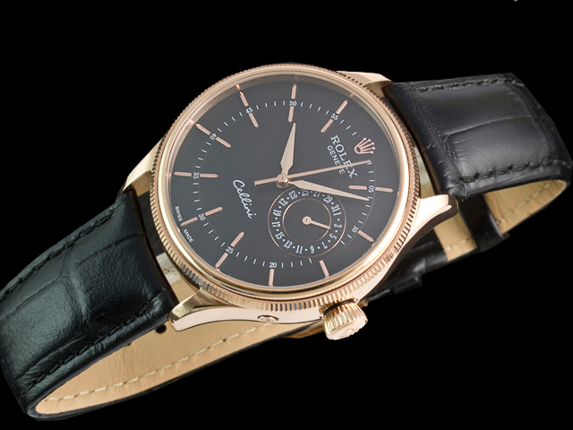 Rose Gold 39mm Leather Strap Cellini Date 50515 Black Dial RL700