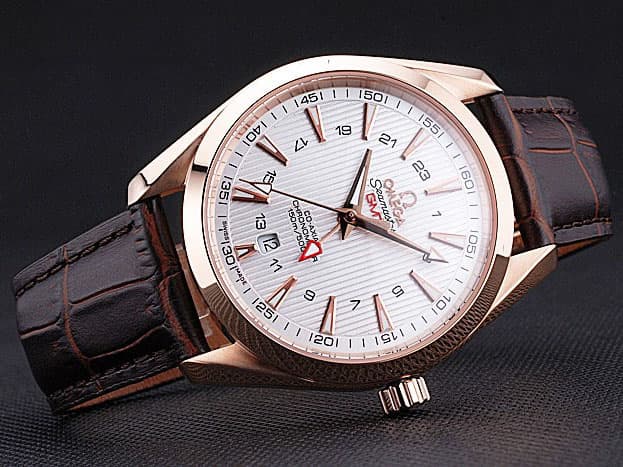 Rose Gold 43mm Leather Strap Aqua Terra 150m GMT Automatic White Dial OM373