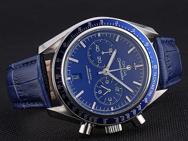 45mm Leather Strap Speedmaster Moonwatch Quartz Chronograph Blue Dial OM420