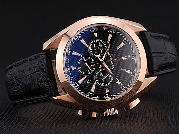 Rose Gold 43mm Leather Strap Aqua Terra Chronograph Black Dial OM661