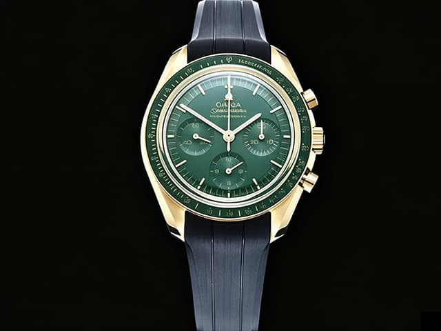 Yellow Gold 43mm Rubber Strap SpeedMaster MoonWatch Handwind 3861 Steel Green Dial OMG-26022