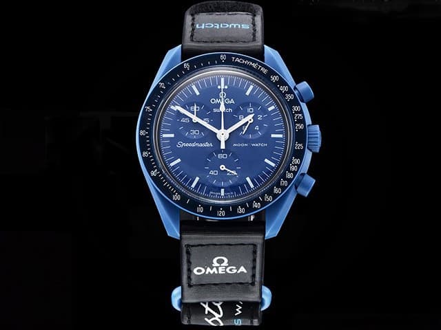 42mm Nylon Strap Bioceramic MoonSwatch Mission to Neptune Quartz Blue Dial OXS10