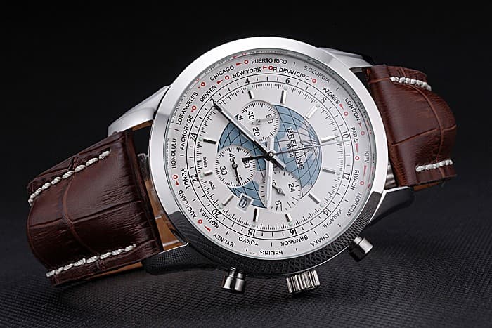 46mm Leather Strap Transocean Unitime Quartz Chronograph White Dial BL588