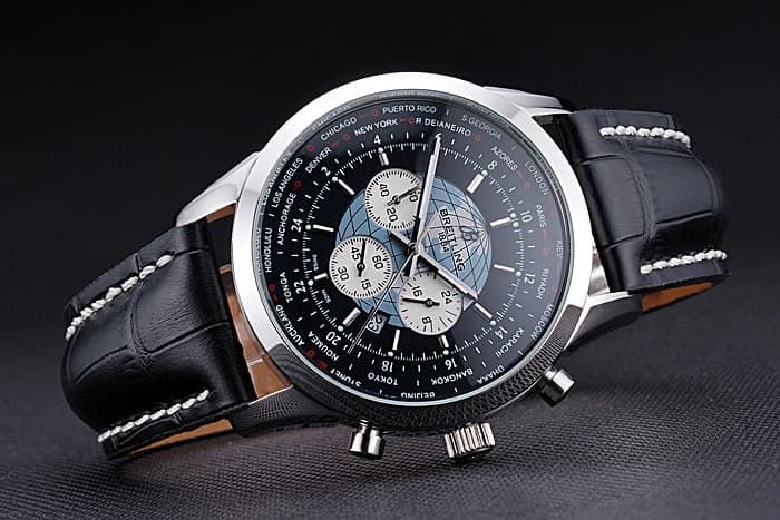 46mm Leather Strap Transocean Unitime Quartz Chronograph Black Dial BL589