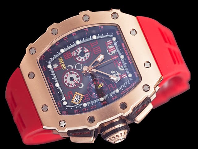 Rose Gold 43mm RM011 Rubber Strap Steel Quartz Chronograph Red RM268