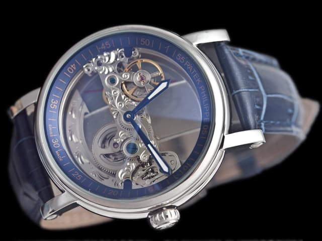 44mm Calatrava Skeleton Leather Strap Automatic Blue Dial PP370