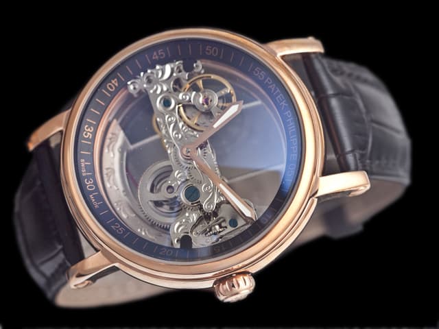 Rose Gold 44mm Calatrava Skeleton Leather Strap Automatic Blue Dial PP371