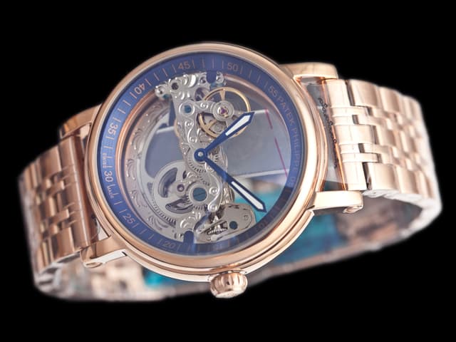 Rose Gold 44mm Calatrava Skeleton Steel Automatic Blue Dial PP373