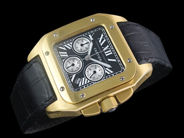 Yellow Gold 42mm Santos 100 Leather Strap Quartz Chronograph Black Dial CT392