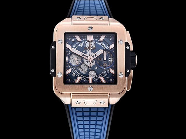 Rose Gold 42mm Square Bang Unico Rubber Strap 7750 Automatic Chronograph Blue Steel HB-24054