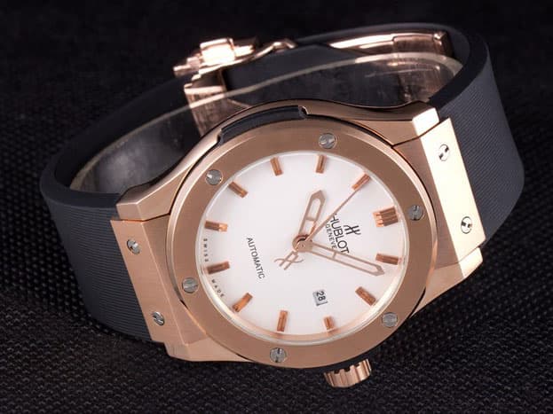 Rose Gold 42mm Classic Fusion Rubber Strap Automatic White Dial HUB215