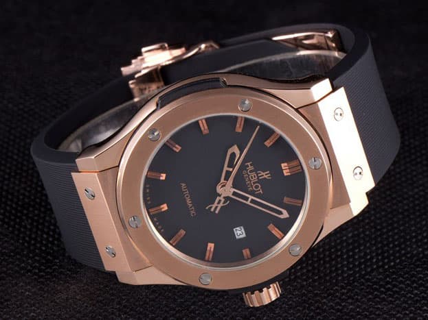 Rose Gold 42mm Classic Fusion Rubber Strap Automatic Black Texture Dial HUB217