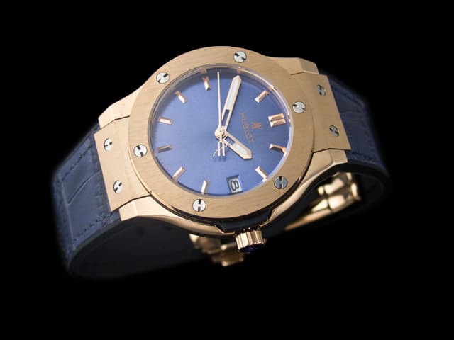 Rose Gold 35mm Classic Fusion Lady Rubber Strap Quartz Blue Dial HUB613