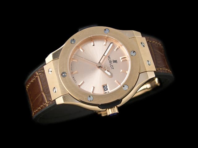 Rose Gold 35mm Classic Fusion Lady Rubber Strap Quartz Gold Dial HUB614