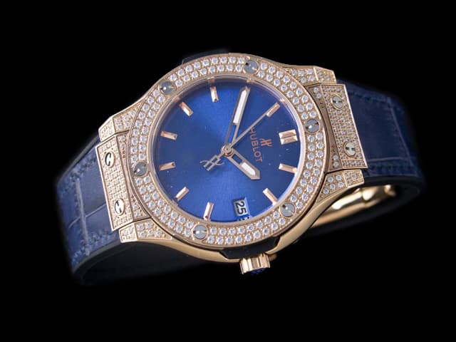 Rose Gold 35mm Classic Fusion Lady Rubber Strap Quartz Diamond Blue Dial HUB615