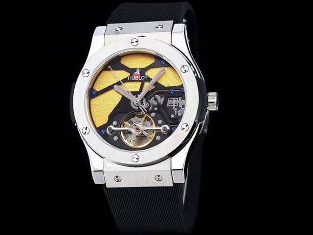 45mm Classic Fusion Tourbillon Vitrail Rubber Strap Yellow Dial HUB630