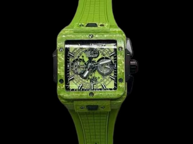 Carbon Fiber 48mm Square Bang Unico Rubber Strap Quartz Chronograph Green HUB673