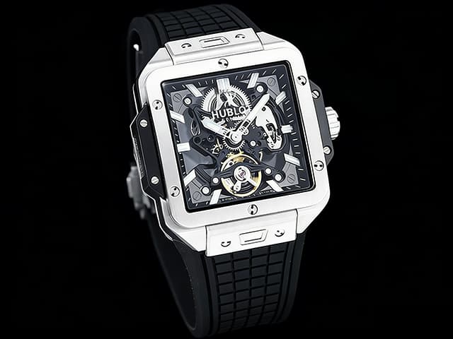 42mm Square Bang Tourbillon Rubber Strap Black Dial HUB682