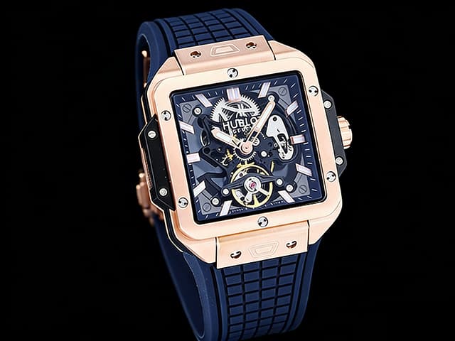 Rose Gold 42mm Square Bang Tourbillon Rubber Strap Blue Dial HUB684