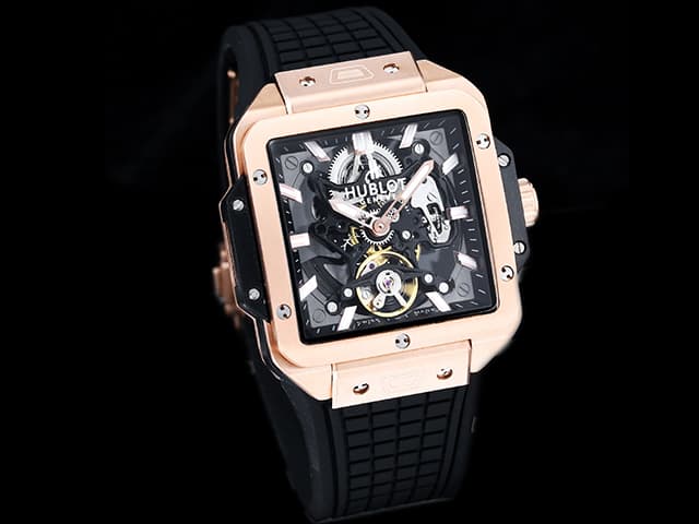 Rose Gold 42mm Square Bang Tourbillon Rubber Strap Black Dial HUB685