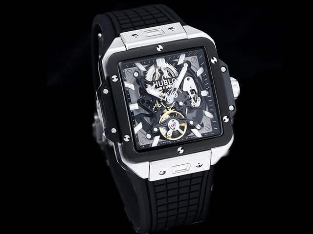Two Tone 42mm Square Bang Tourbillon Rubber Strap Black Dial HUB691