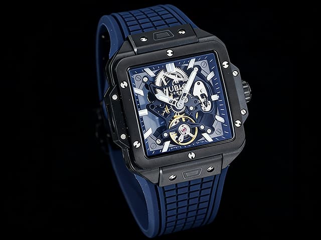PVD 42mm Square Bang Tourbillon Rubber Strap Blue Dial HUB693