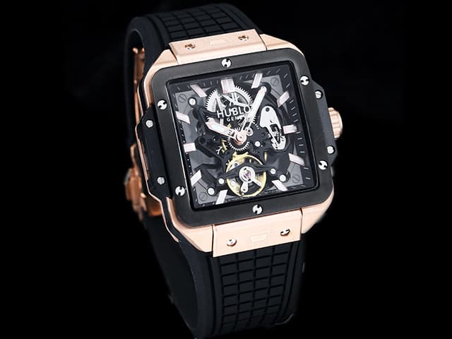 Two Tone 42mm Square Bang Tourbillon Rubber Strap Black Dial HUB694