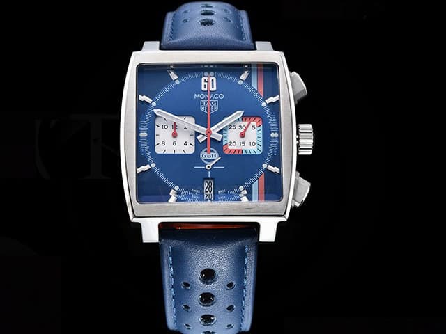 40mm Monaco Calibre 02 Leather Strap Quartz Chronograph Blue Dial TAG831