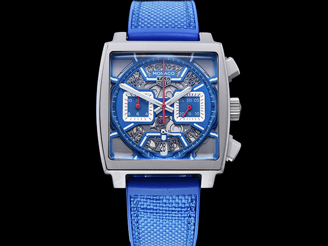 40mm Monaco Skeleton Rubber Strap Quartz Chronograph Blue Dial TAG902