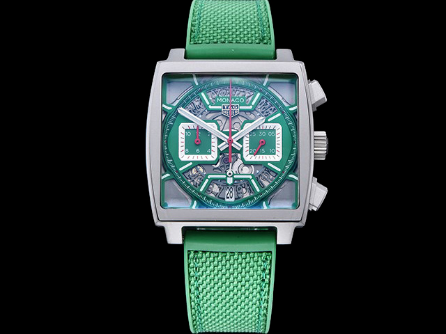 40mm Monaco Skeleton Rubber Strap Quartz Chronograph Green Dial TAG903