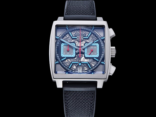 40mm Monaco Skeleton Rubber Strap Quartz Chronograph Blue Dial TAG908