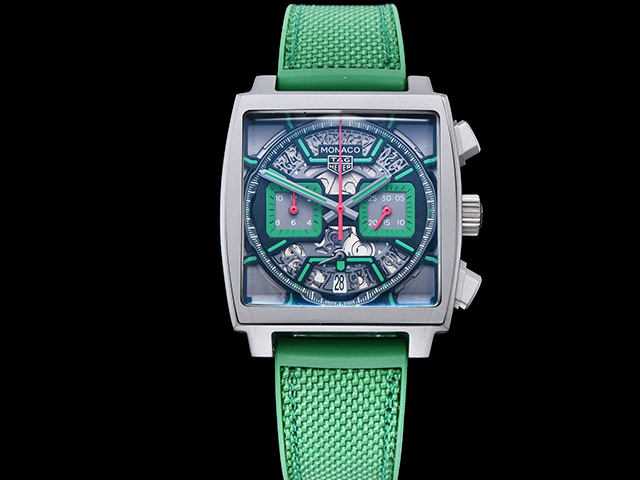 40mm Monaco Skeleton Rubber Strap Quartz Chronograph Green Dial TAG909