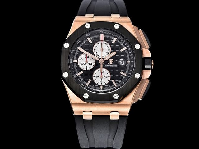 Rose Gold 44mm Royal Oak Offshore Chronograph 3126 Rubber Strap 26401 Black Dial AP-14023