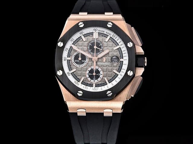 Rose Gold 44mm Royal Oak Offshore Chronograph 3126 Rubber Strap 26416 Grey Dial AP-20011