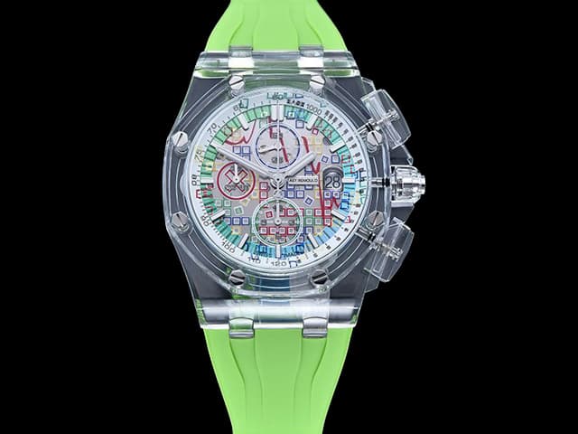 Transparent 44mm Aet Remould Royal Oak Offshore Grid Game Rubber Strap 3126 Green AP-23002