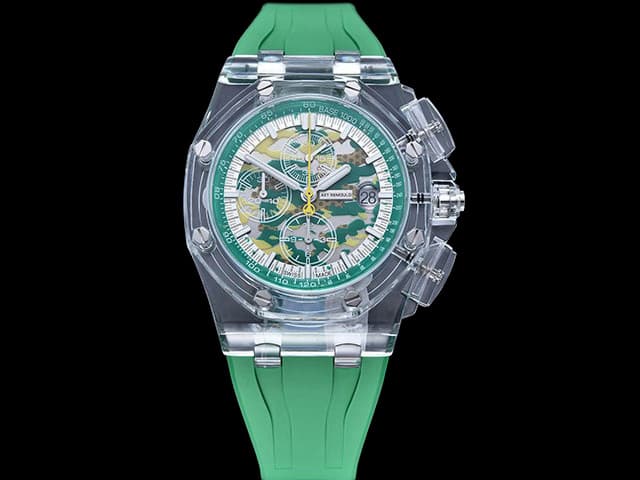 Transparent 44mm Aet Remould Royal Oak Offshore Grid Game Rubber Strap 3126 Green AP-23004