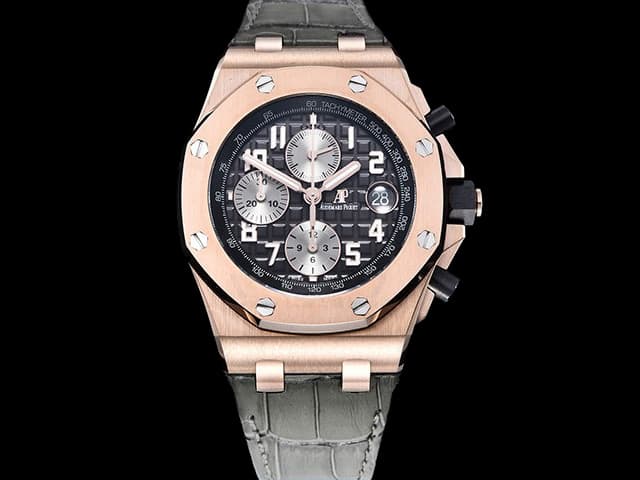 Rose Gold 42mm Royal Oak Offshore Chronograph 3126 Leather Strap 26470 Black Dial AP-23062