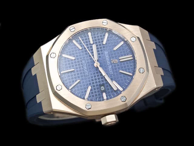 Rose Gold 42mm Royal Oak Rubber Strap 15300 Automatic Blue Dial AP714