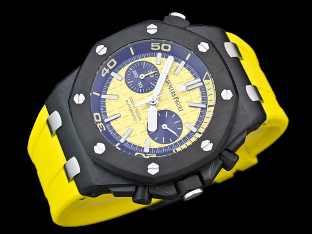 PVD 42mm Royal Oak Offshore Diver Rubber Strap 26703 Quartz Chronograph Yellow Dial AP741