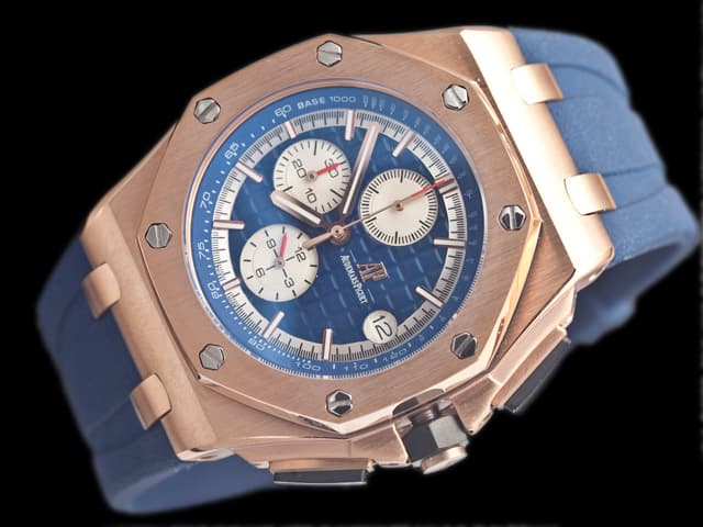 Rose Gold 44mm Royal Oak Offshore Rubber Strap 26408 Quartz Blue Dial AP885