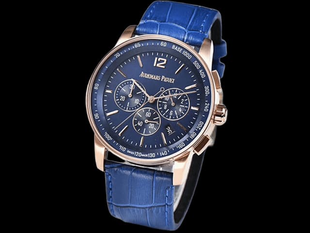 Rose Gold 41mm Code 11.59 Leather Strap Quartz Chronograph Blue Dial AP926
